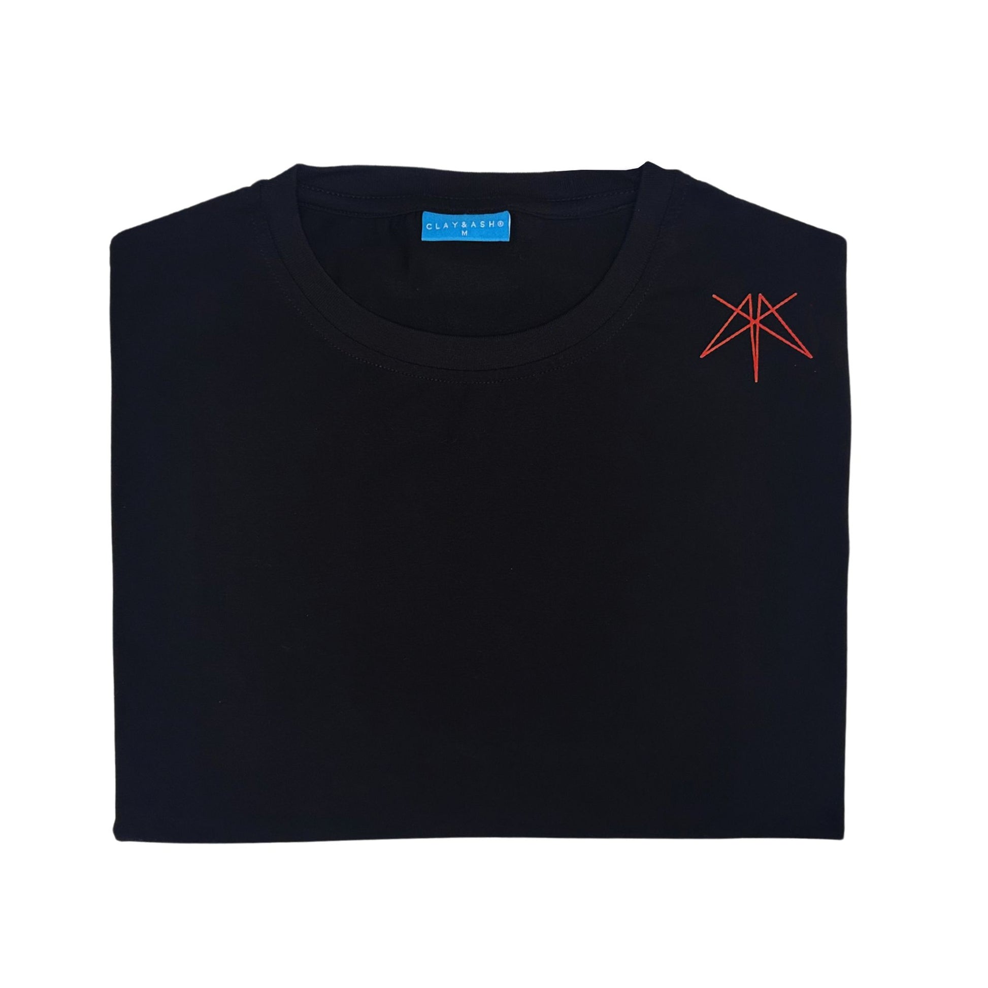 Clay & Ash black T-shirt featuring a red minimalist design on the shoulder