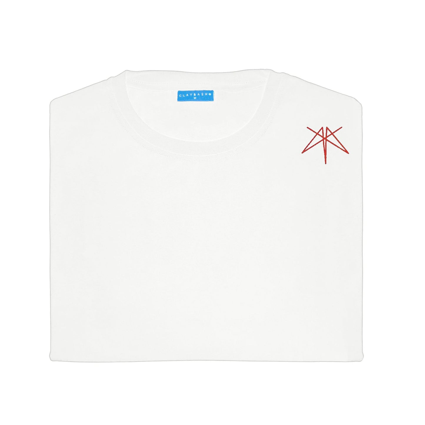 Clay & Ash white T-shirt featuring a red minimalist design on the shoulder