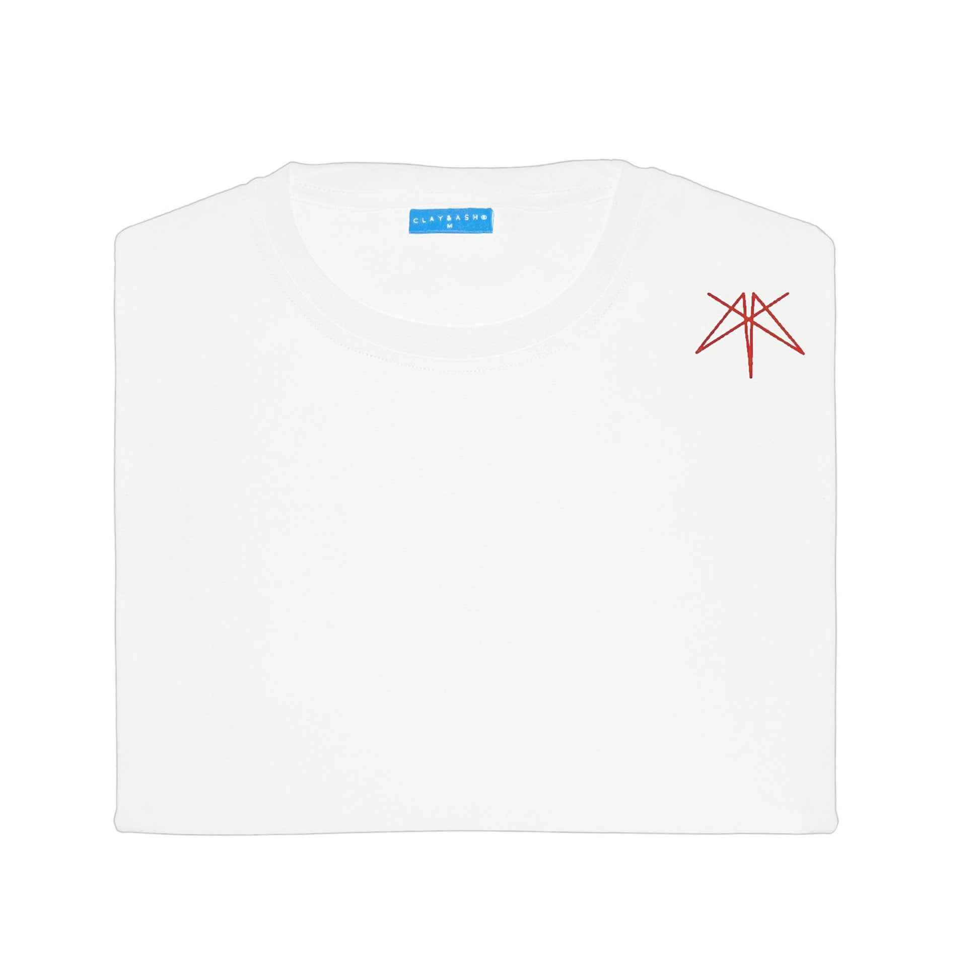 Clay & Ash white T-shirt featuring a red minimalist design on the shoulder