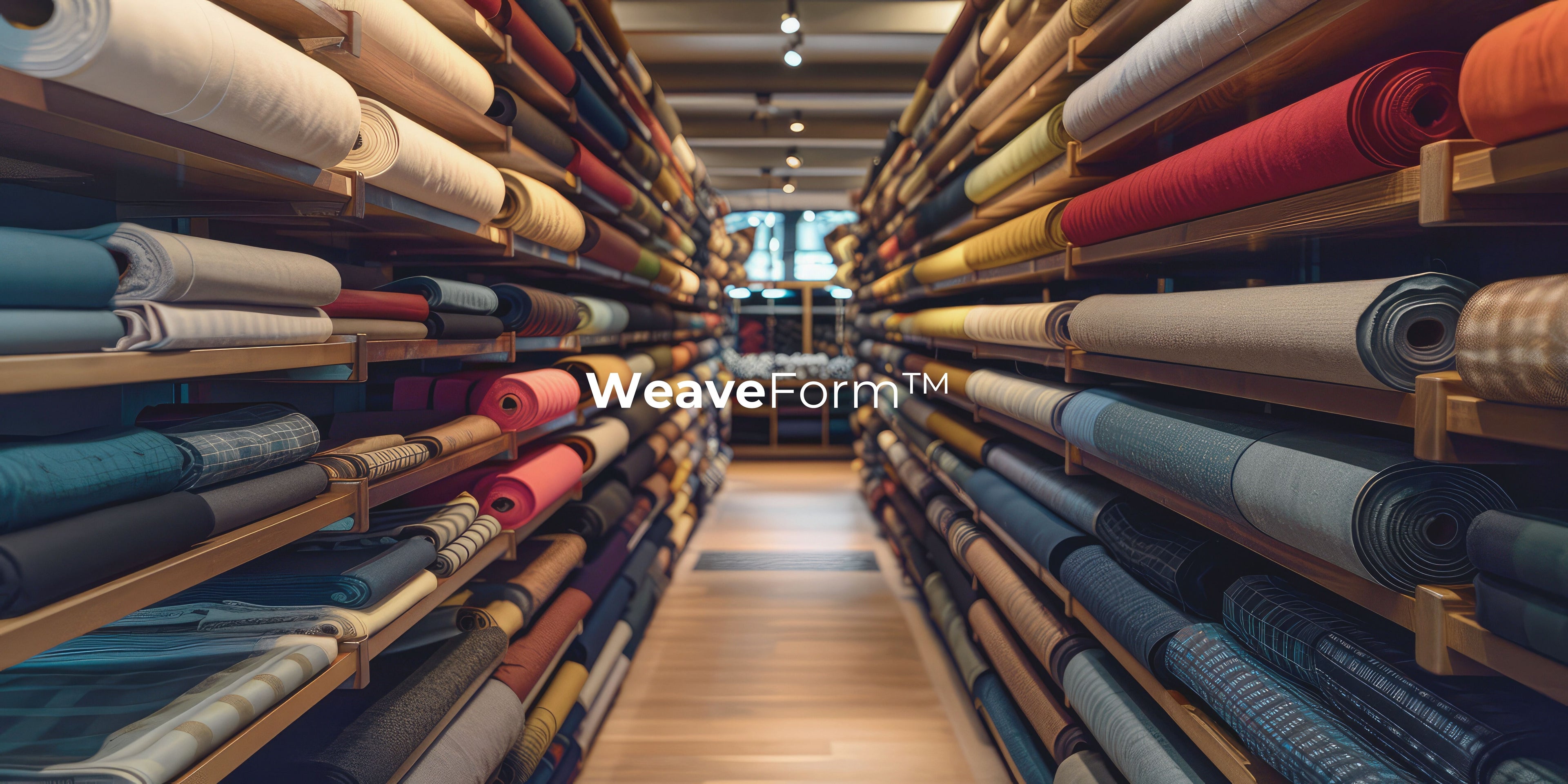 Rows of high-quality fabric rolls in various colors and textures, labeled ‘WeaveForm’ representing the premium materials and craftsmanship used for Clay & Ash apparel.